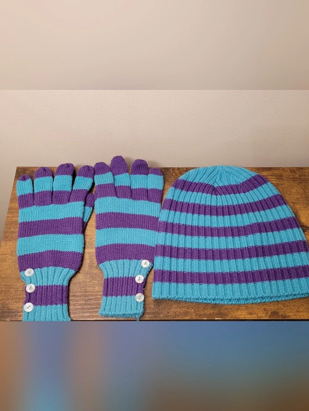 Teal & Purple Striped Knit Beanie Hat with Matching Mittens